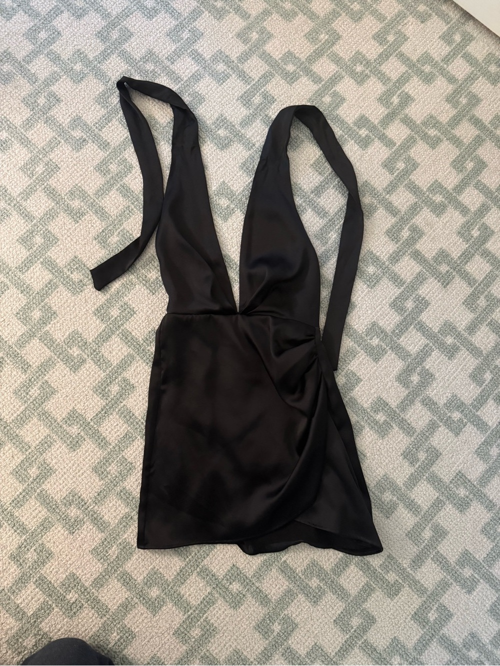 Black Satin Plunge Wrap Mini Dress